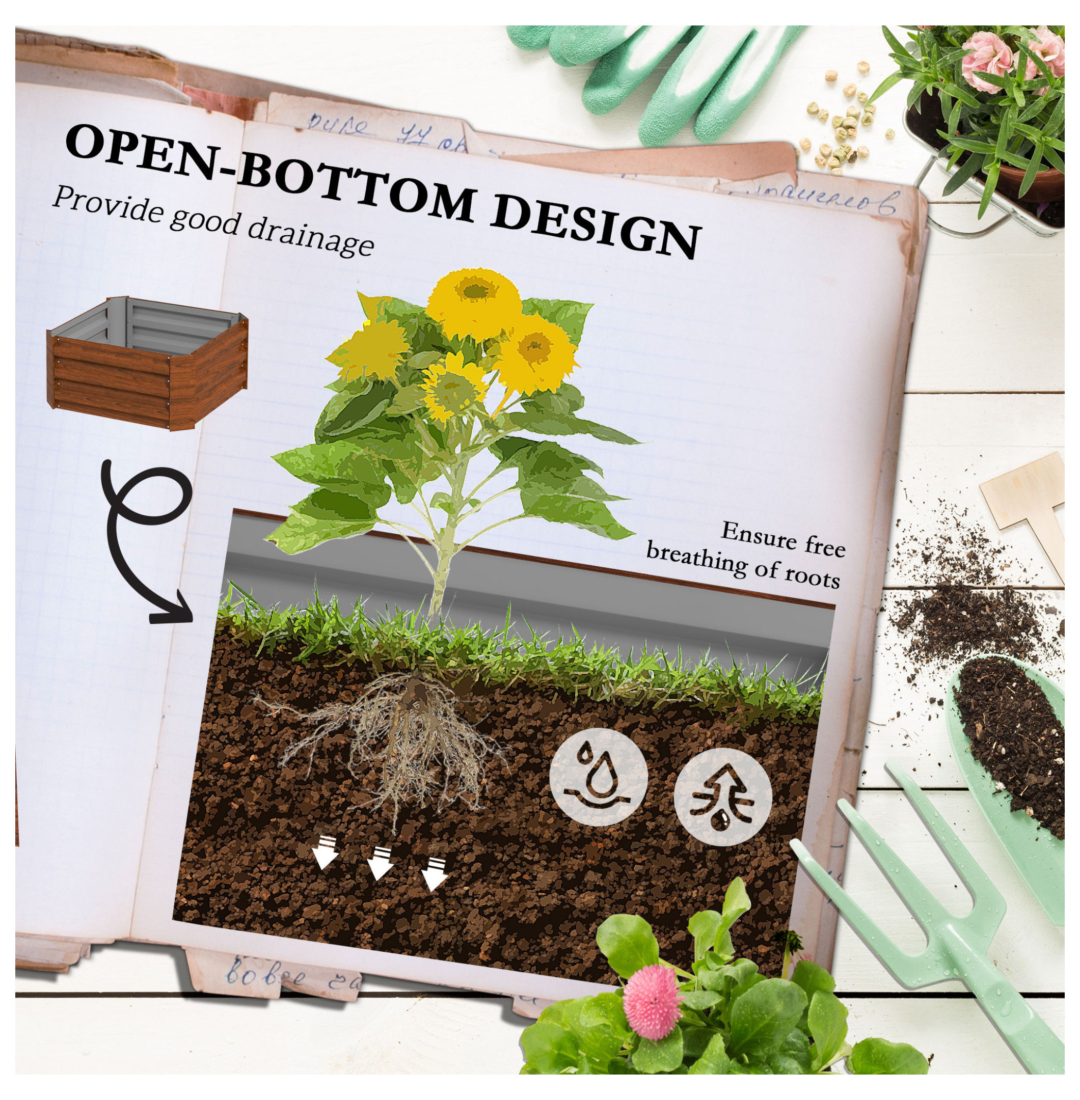 Outsunny Galvanized Raised Garden Bed, 24" x 24" x 11.75" Outdoor Planter Box with Trellis Tomato Cage and Open Bottom for Climbing Vines, Vegetables, Flowers in Backyard, Garden, Patio, Brown
