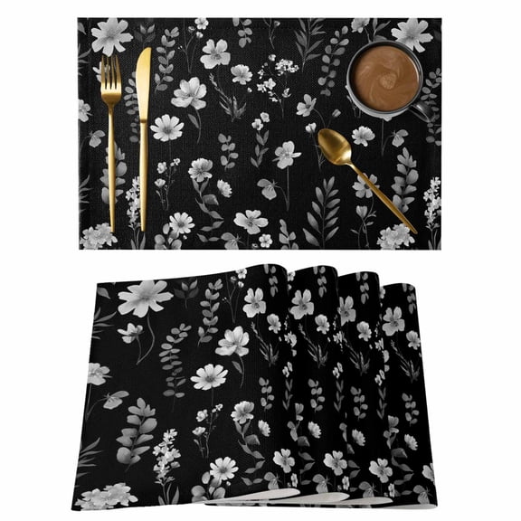 Black Spring Floral Placemats Set of 4, Flowers Botanical Elegant Pastoral Placemats for Dining Table, Place Mats for Kitchen Tabletop, Waterproof Wipeable Dining Table Mats Set