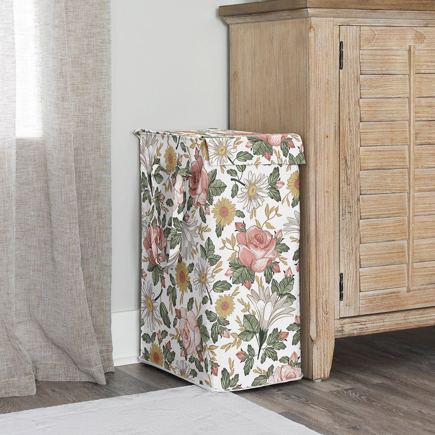 Sweet Jojo Designs Vintage Floral Pink Green and Yellow Foldable Laundry Hamper with Handles