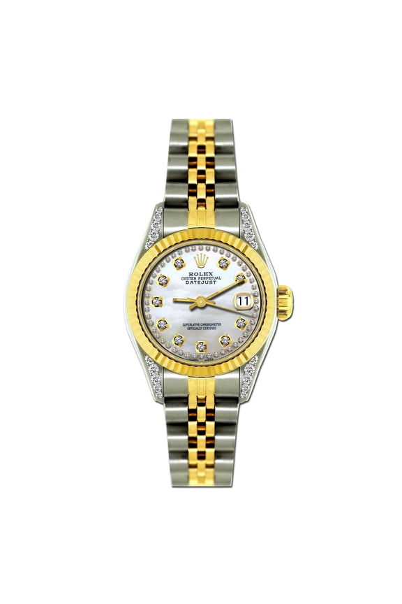 Pre-Owned Rolex Datejust 26MM 69173 Mother of Pearl Diamond Dial Fluted Bezel Two Tone Yellow Gold Jubilee Bracelet
