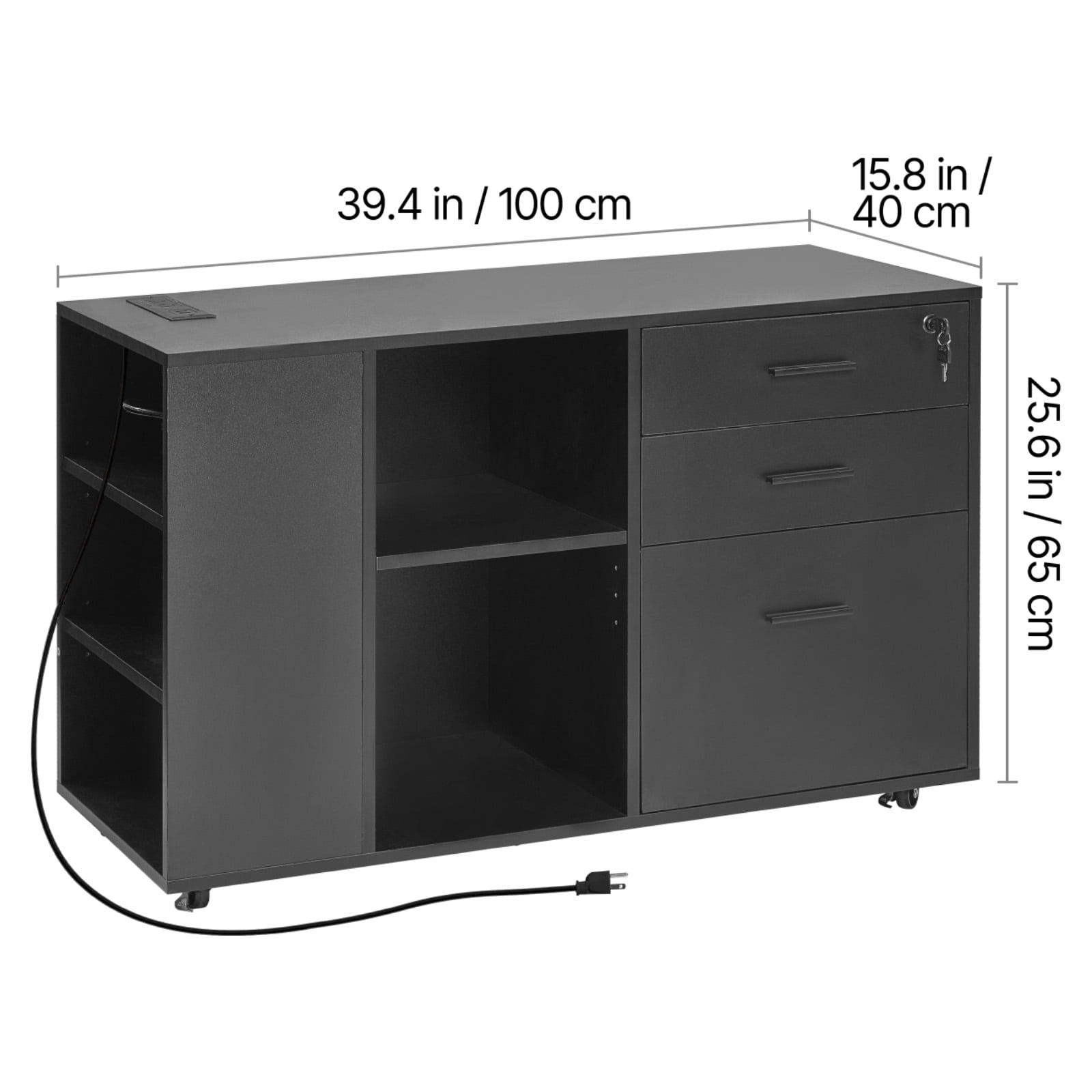KFFKFF 3-Drawer Wooden File Cabinet with Power Strip, Lockable Rolling Storage Unit with Adjustable Shelves & 5 Wheels, Mobile Printer Stand for Home Office or School, Black