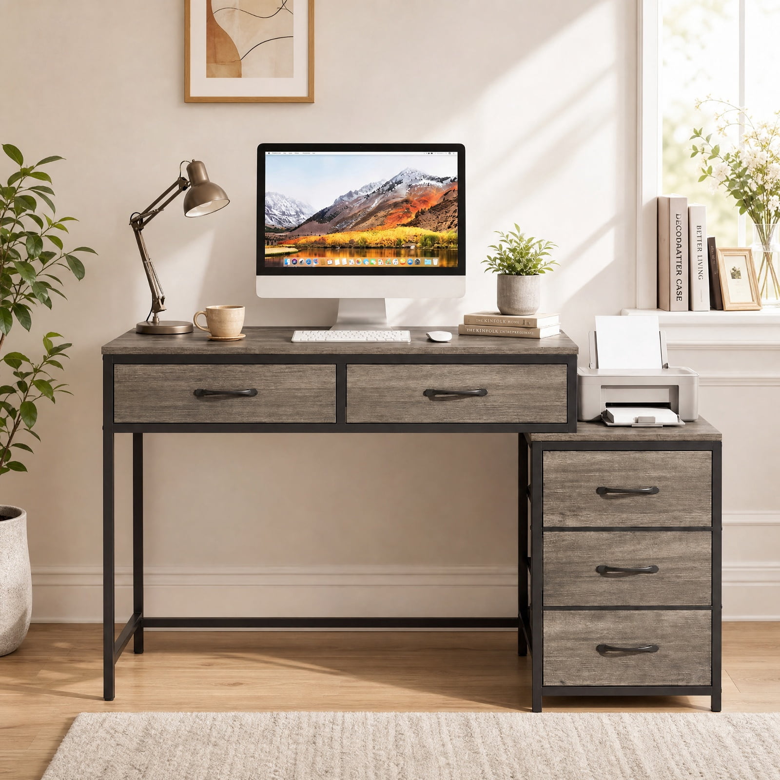 Furnibear Computer Desk with 5 Drawers and Printer Stand for Bedroom and Small Spaces for Home Office Study Computer Writing Workstation, Oak