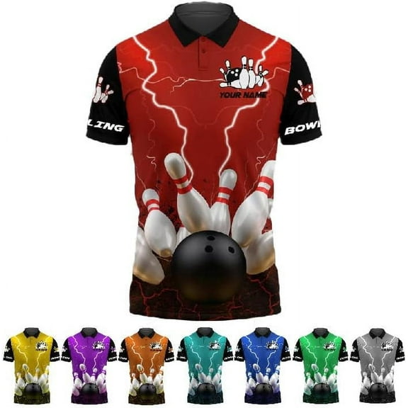 Custom 3D Bowling Polo Shirts for Men and Women Personalized Team Name Gift Unisex Customized Bowling Short Sleeve Polo Shirt (Red, S)