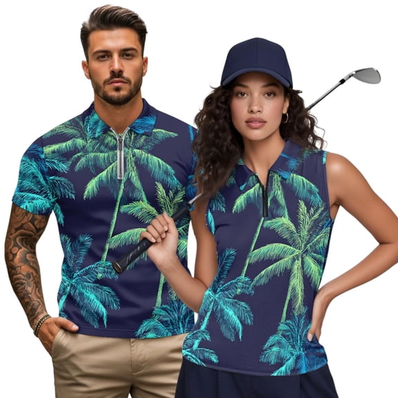 Jeiento Tropical Palm Tree Matching Golf Shirts for Couples Moisture Wicking Mens Short Sleeve Golf Shirt Womens Sleeveless Quarter Zip Tennis Tank Top Quick Dry Couple Golf Apparel