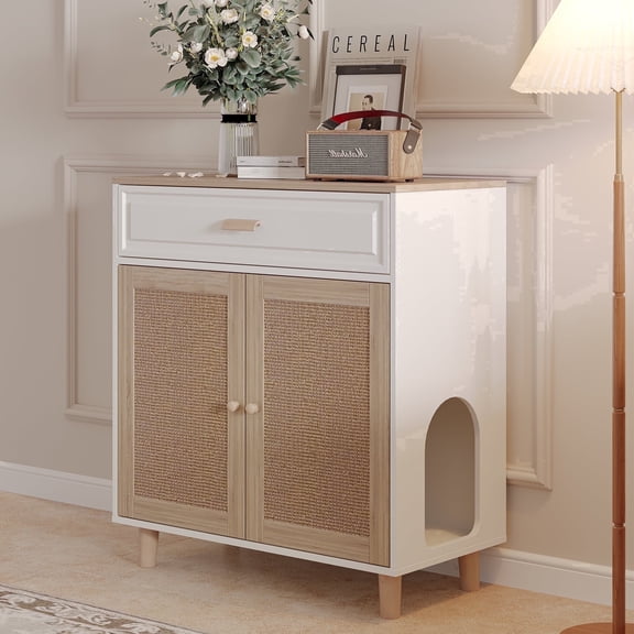 Cat Litter Box Enclosure Furniture Hidden Indoor 2-in-1 Wooden Cat House & Washroom Cabinet with Scratching Board Doors and Drawer, 31.5"x15.7"x34.6"H