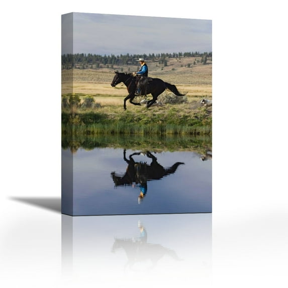 Cowboy riding Horse beside pond with two dogs, Oregon - Contemporary Fine Art Giclee on Canvas Gallery Wrap - wall décor - Art painting - 22 x 34 Inch - Ready to Hang