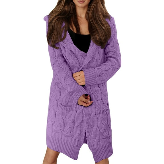 RUTAYY Women's Knitted Cardigan Hooded Solid Color Long Sleeve with Pocket Autumn Winter Long Sweater Coat Chic Lesure Tops