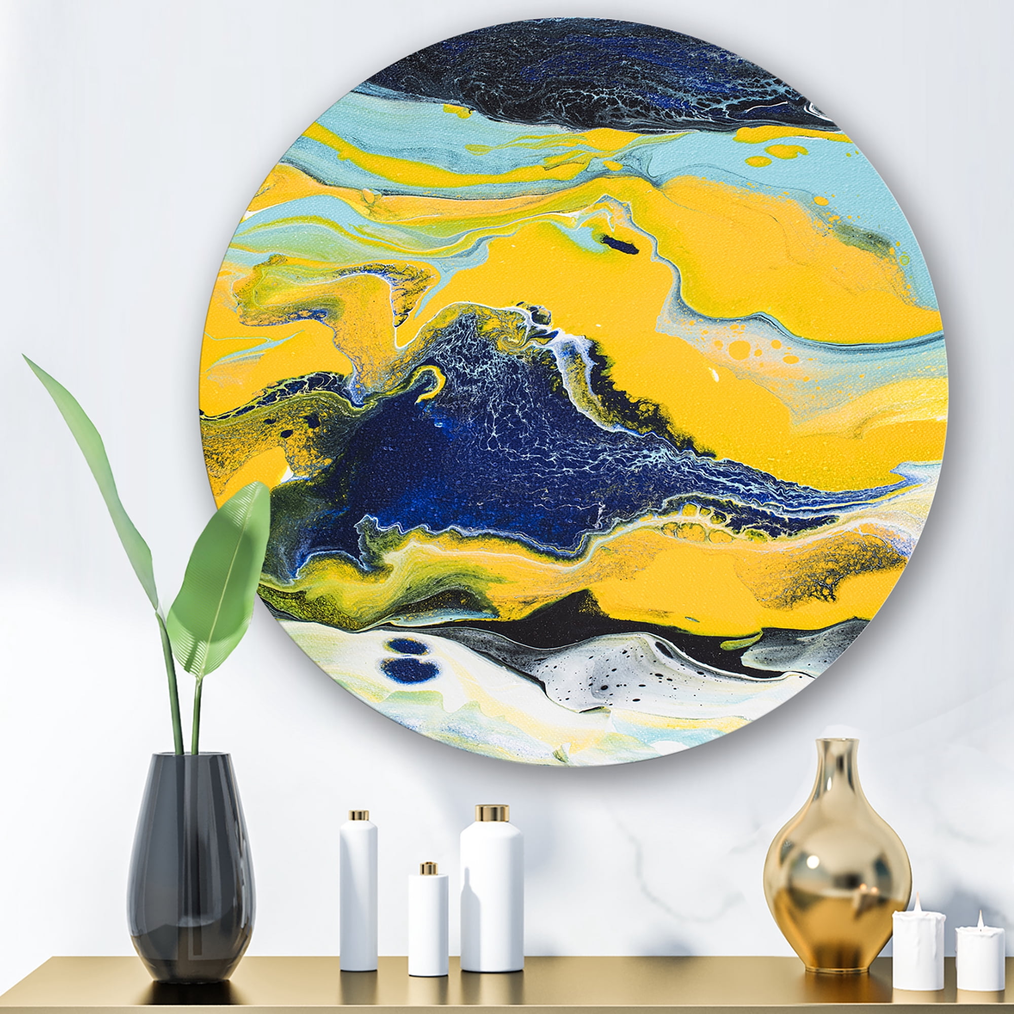 Designart 'Abstract Marble Composition In Blue and Yellow I' Modern Circle Metal Wall Art 11x11 - Disc of 11