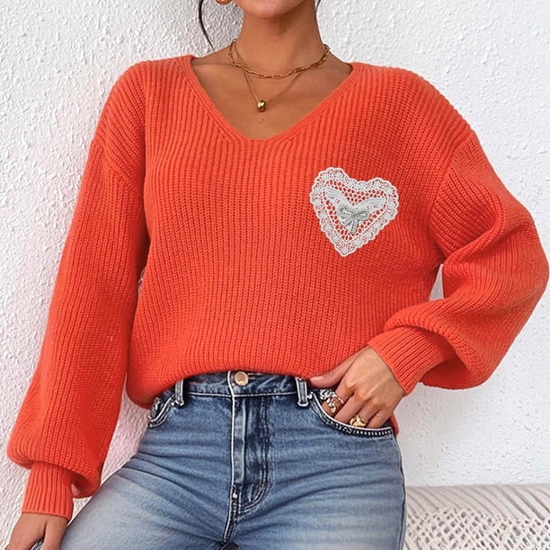 Heisall Women's Sweaters Autumn Winter Casual Loose Pullover V-Neck Lace Bow Knot Appliqué Tops