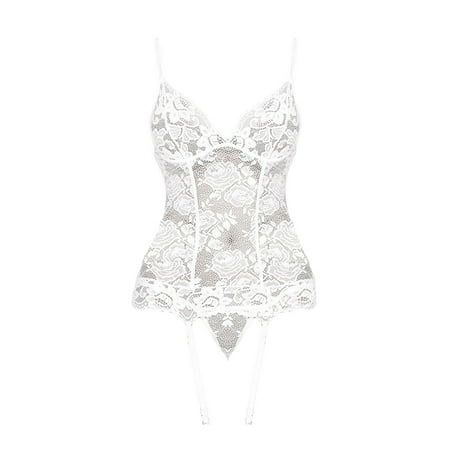 

BIZIZA Women Babydoll Plus Size Teddy V Neck Bodysuit with Garter Lace Hollow Out Solid Color Sexy Lingerie White XXXL