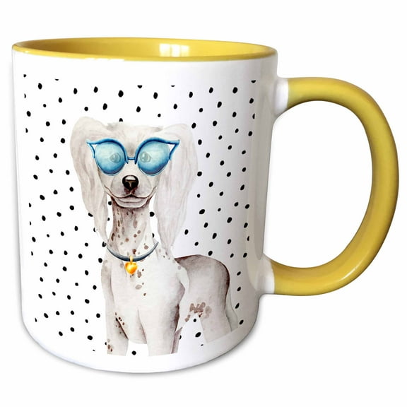 3drose, Cute Funny Dog Illustration on Polkadots- Chinese Crested Dog, 15oz Two-tone Yellow Mug
