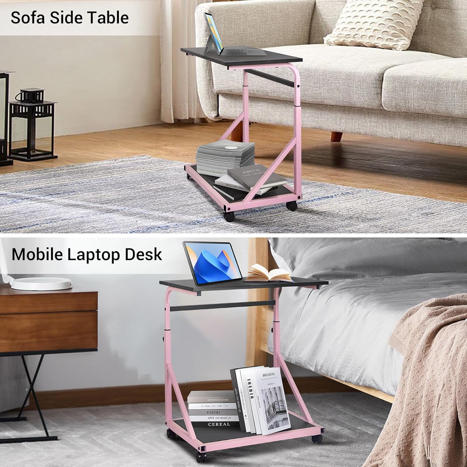 Computer Tower Stand, 2-Tier CPU Stand with Lockable Wheels, Adjustable Height PC Stand for Floor, Mobile PC Laptop Standing Table for Home Office (Black)