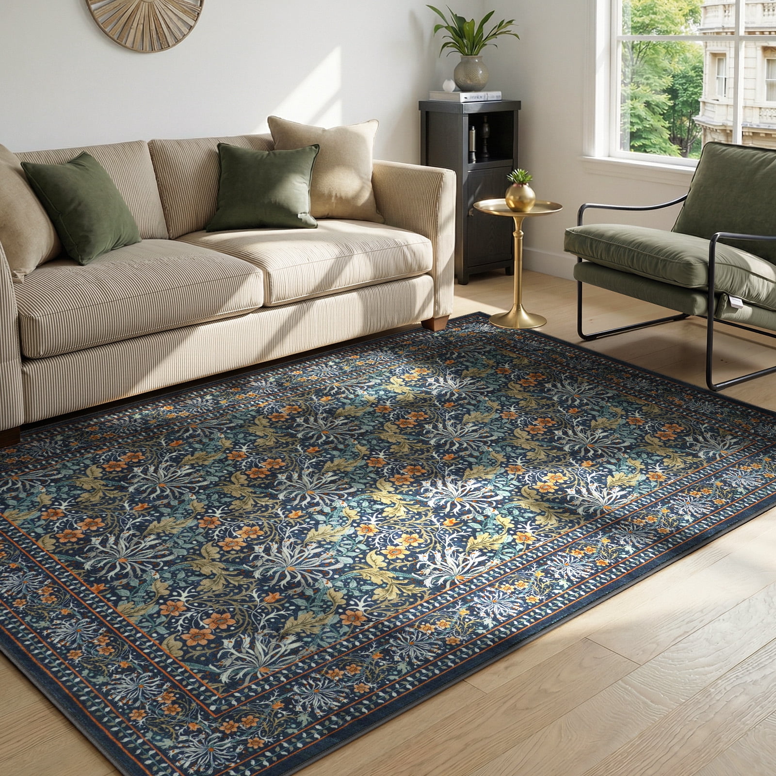 SUNDEREY 5'x7' Vintage Floral Area Rugs for Living Room, Washable Large Boho Area Rugs for Bedroom, Soft Non-Slip Thin William Morris Botanical Rug for Dining Room Home,Dark Green