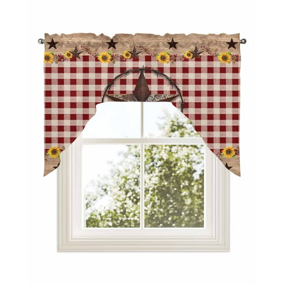 Texas Star Sunflower Kitchen Curtains Swag Valance for Windows/Bathroom/Cafe, Farmhouse Country Plaid Brown Rod Pocket Drape Panel Swag Curtains Valance for Bedroom/Living Room 56"x36"