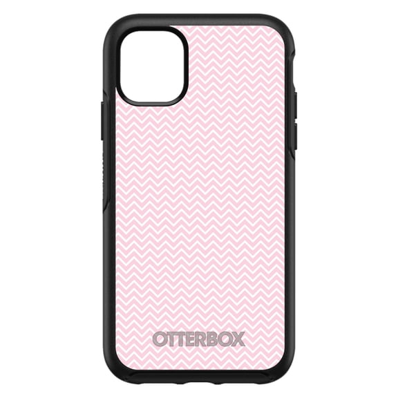 DistinctInk OtterBox Symmetry Custom Case for Apple iPhone 15 (6.1" Screen) - Pink & White Thin Chevron Pattern - Slim Profile Design
