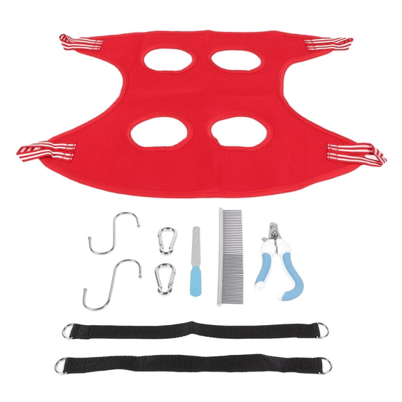 Hamaca para el cuidado de perros, bolsa de sujeción segura y transpirable, arnés para el cuidado de mascotas con cortaúñas y peine para cachorros y gatos, color rojo, juego de 10 piezas L