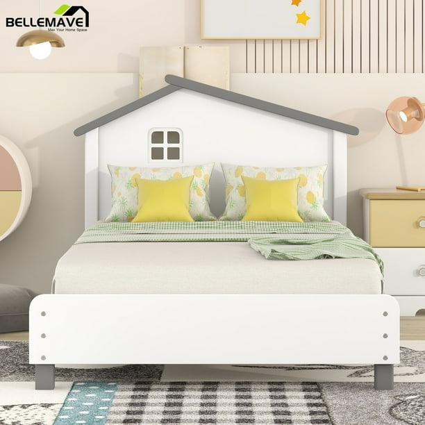 Bellemave Twin Kids Platform Bed with HouseShaped Headboard, Toddler