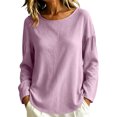 thumbnail image 2 of IUYRTFE Women's Cotton Linen Long Sleeve T-Shirt Round Neck Loose Fit Casual Summer Beach Top, 2 of 9