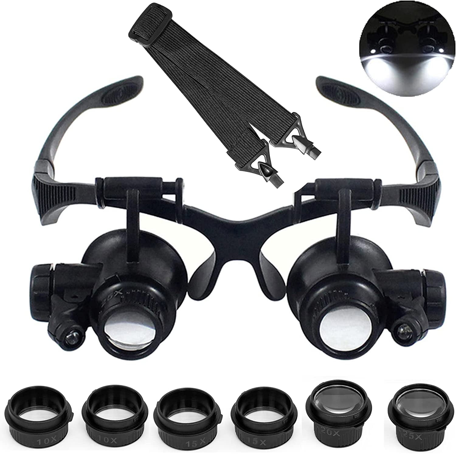 LED Head Mount Magnifier 10X 15X 20X 25X HandsFree Magnifying Glass