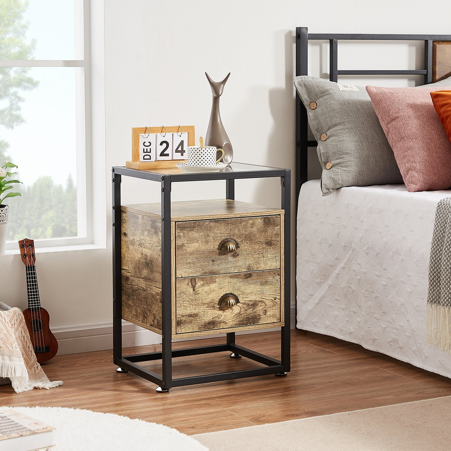 VECELO Tempered Glass Top Nightstand with 2Drawer, Modern Side End Table with Open Storage