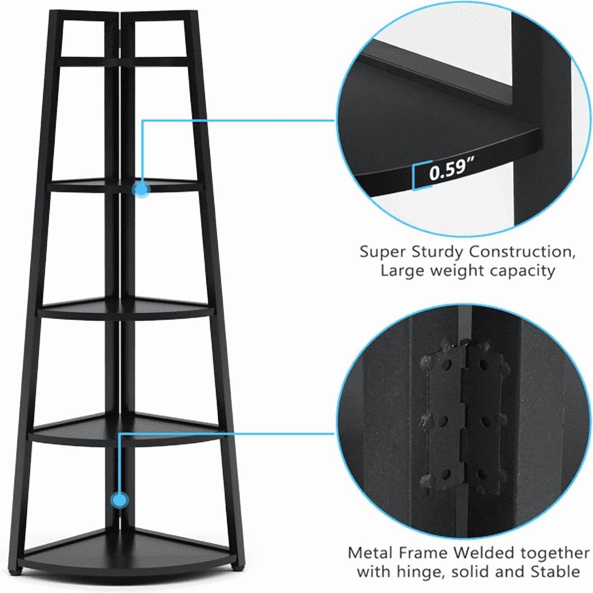 5-Tier Corner Shelf, Sturdy Metal Frame (50lbs/Shelf), E1 Particle Board, Space-Saving for Living Room, Bedroom, Bathroom
