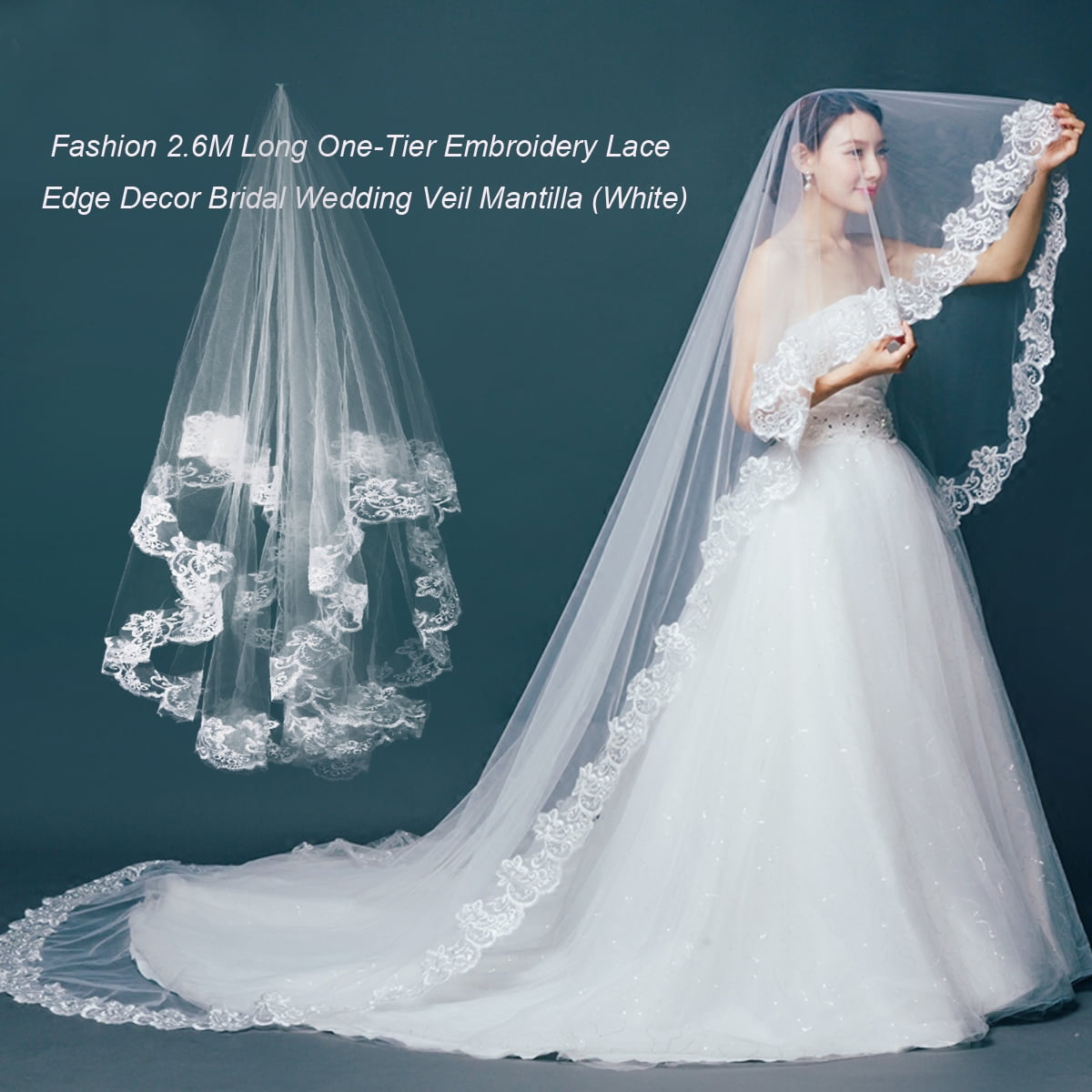 YIPEISHA One Tier Long Elegent Wedding Veil Bridal Veil with Lace Appliques Embroidery ivory