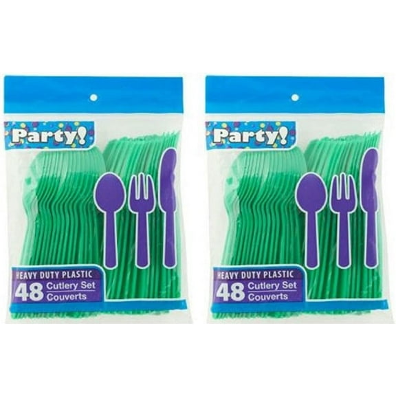 Heavy Duty Plastic Cutlery, 48 pieces Set in Green, 2-pack (32 Spoons, 32 Forks, 32 Knives) 96 Pieces in Total