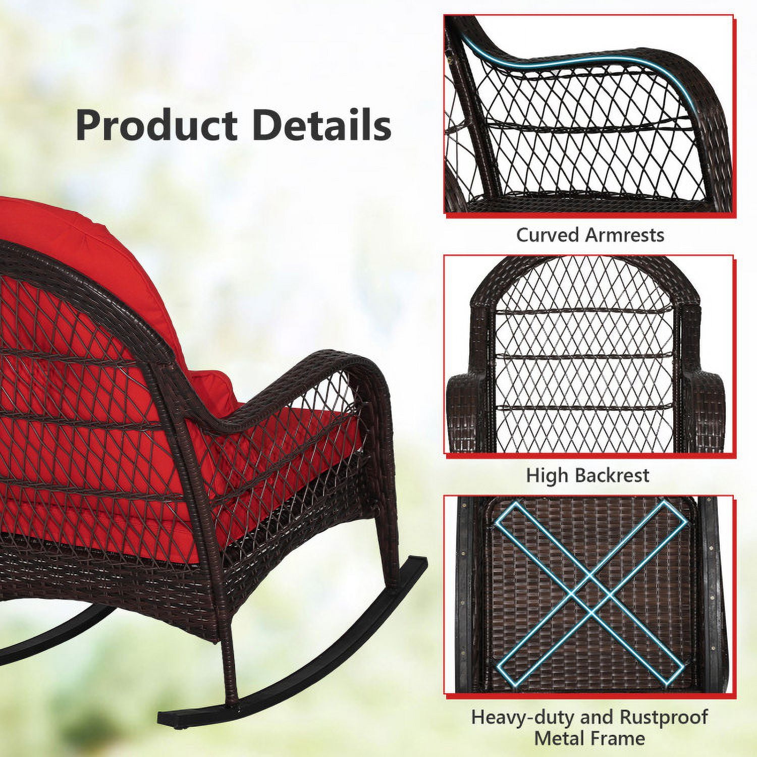 Aimee Lii Outdoor Rocking Chair with Cushion, Wooden Patio Rocker Chair for Lawn, Porch and Garden, Red
