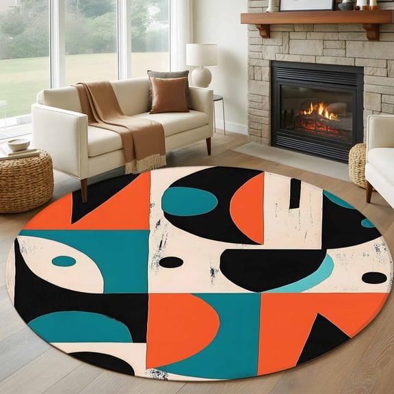 Burnt Orange Teal Black Round Rug 5ft Washable Circle Kitchen Rugs Non Slip Modern Abstract Geometric Large Area Rug Indoor Floor Carpet for Bedroom Living Room Home Office Dining Room Nursery
