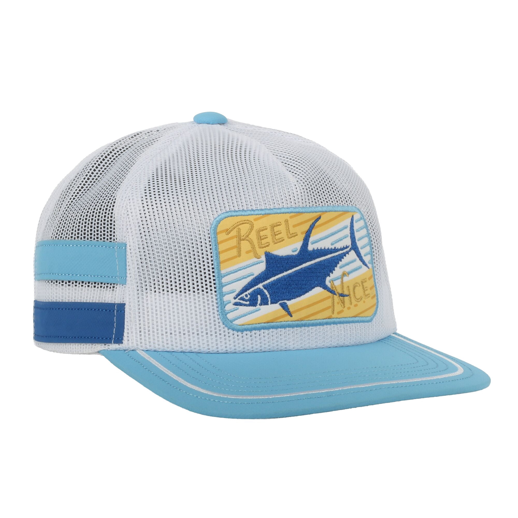 Outdoor Cap Reel Nice Fishing Patch Mesh Cap – Flat Bill Snapback, One Size, White/Blue