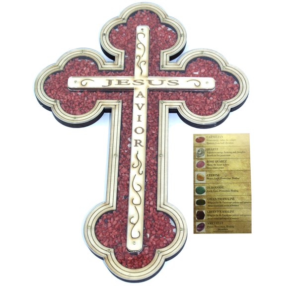 Jesus Savior Cross Filled with firy Reddish Carnelian semi Precious Stones from The Holy Land (Carnelian, 11 Inches)