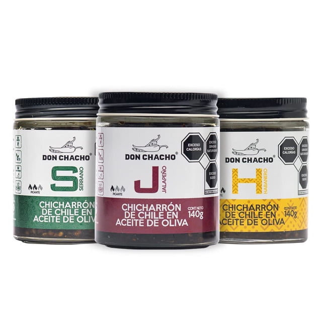 Chicharrón de Chile en Aceite de Oliva Don Chacho - 3 Pack Variado con 140 gr c/u - El complemento perfecto para darle un toque picante y delicioso a tus platillos.