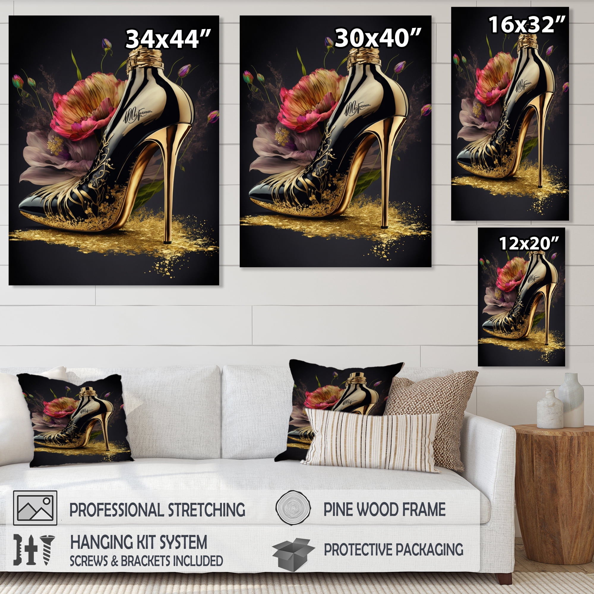Designart Golden Floral High Heel I Canvas Wall Art