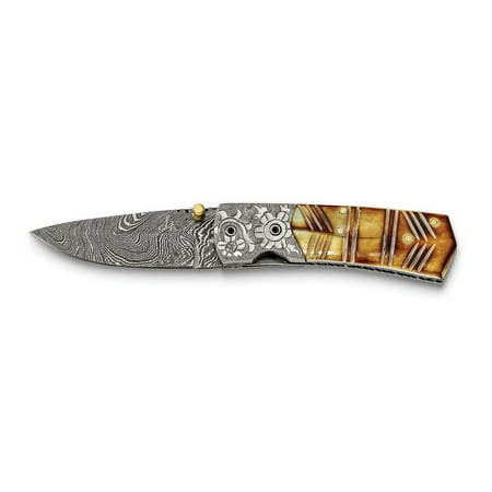 Lux by Jere Damascus Steel 256 Layer Folding Dyed & Carved Camel Bone Handle Knife