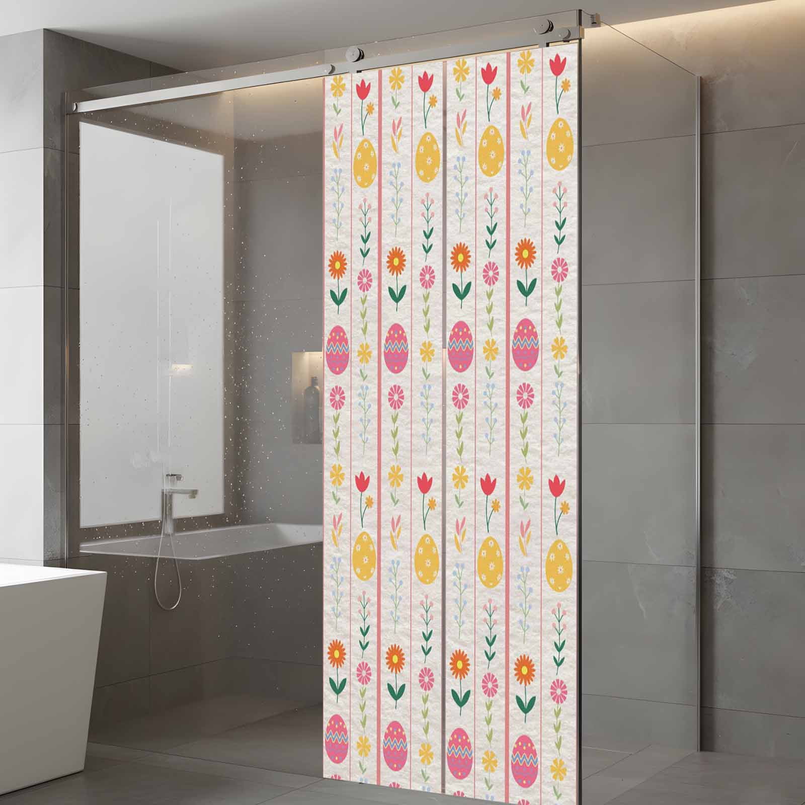 Easter Window Privacy Film, Spring Floral Eggs Leaf Pink Stripes Linen Texture Frosted Glass Window Clings Static Cling UV Heat Blocking Reusable Door Sticker for Bathroom 23.6 x 59 Inch