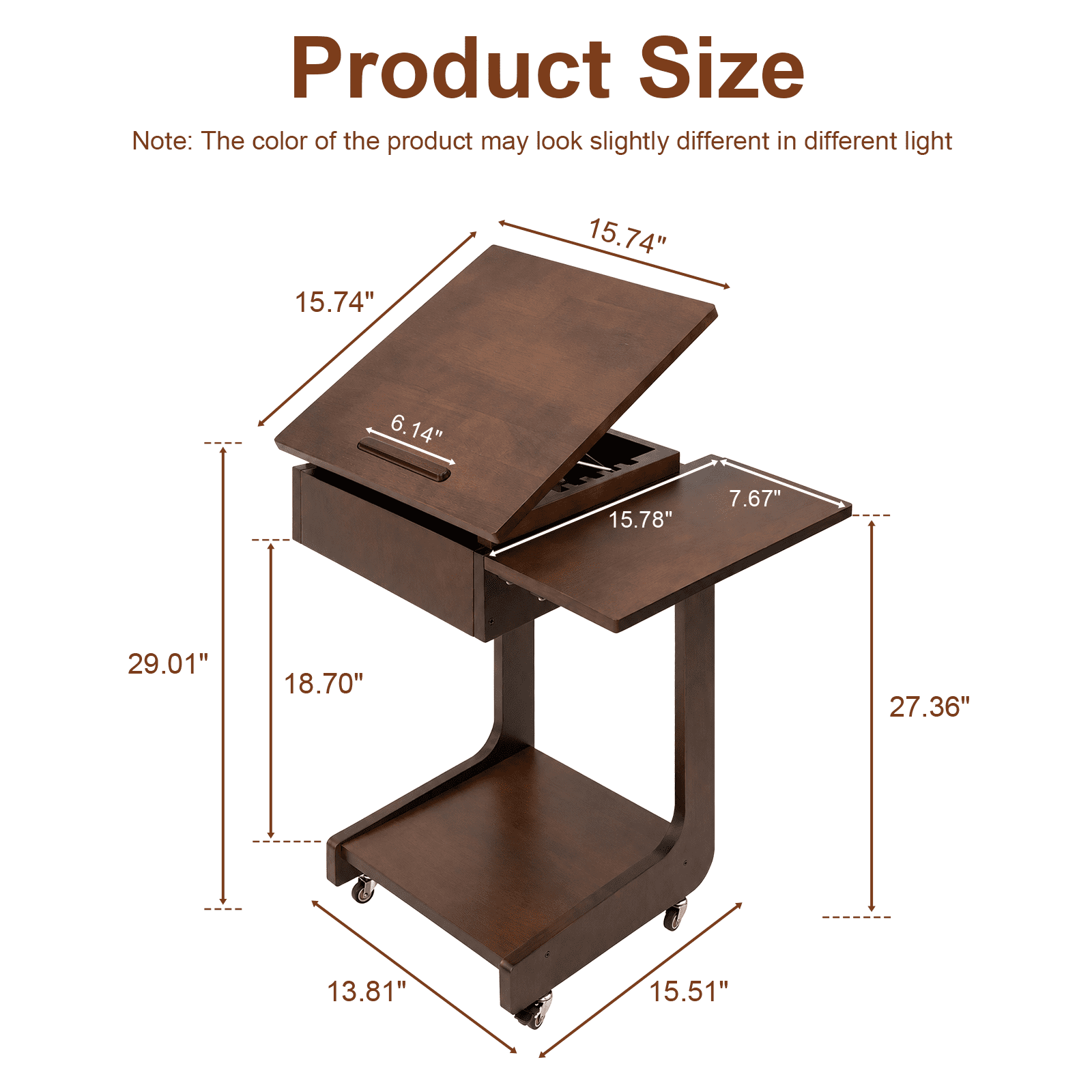 Leumius C Shaped End Table,Wood Rolling Side Table with 360° Adjustable & Foldable Desktop, Couch Table for Living Room, Bedroom, Office, Walnut