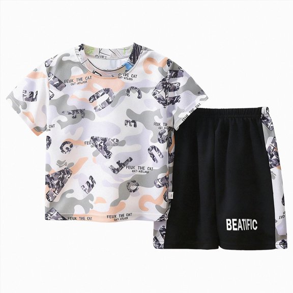 Linfrsh Boys Summer Clothes Boys 2 Piece Short Sleeve Shirt and Mesh Shorts Sets(Grey,2-3 Years)