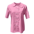 thumbnail image 3 of Womens Tops Trendy Ladies' Cotton And Linen Shirt 2025 Solid Color Loose Double Breasted Lapel Casual Short Sleeved Blouse, 3 of 4