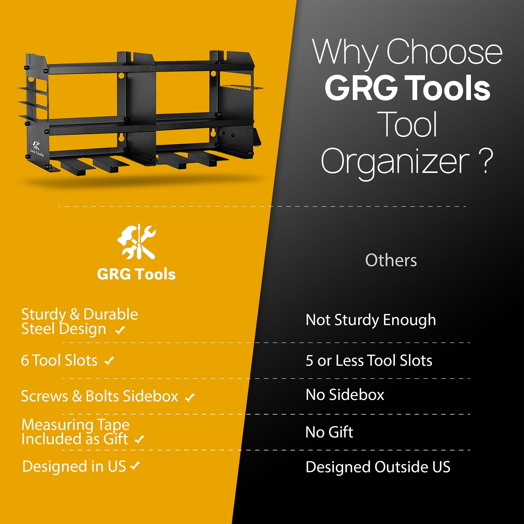 GRG Unlimited Power Tool Organizer - 6 Slot Wall Mount Holder, Heavy-Duty Steel - Black, 6 Pc