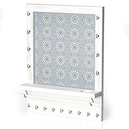 Wall Mounted Jewelry Organizer with Shelf, Bracelet Holder Rod and 17 Antique Brass Hooks - Rustic White Wood Earring and Necklace Hanging Rack - 13 x 17 Inch