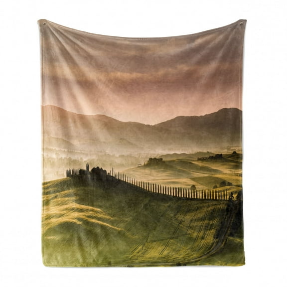 Italian Soft Flannel Fleece Blanket, Italian Countryside Road with Trees and Meadows by Mountains Mediterranean Culture, Cozy Plush for Indoor and Outdoor Use, 50" x 60", Green Beige, by Ambesonne