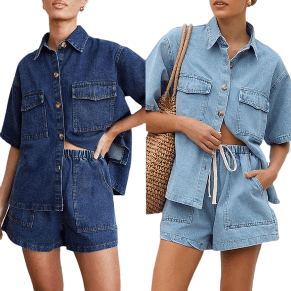 LYMAYTER Women Denim Set Vintage Casual Loose Shirt & Shorts Outfit for S-2XL Summer Short Sleeve Jean Suit