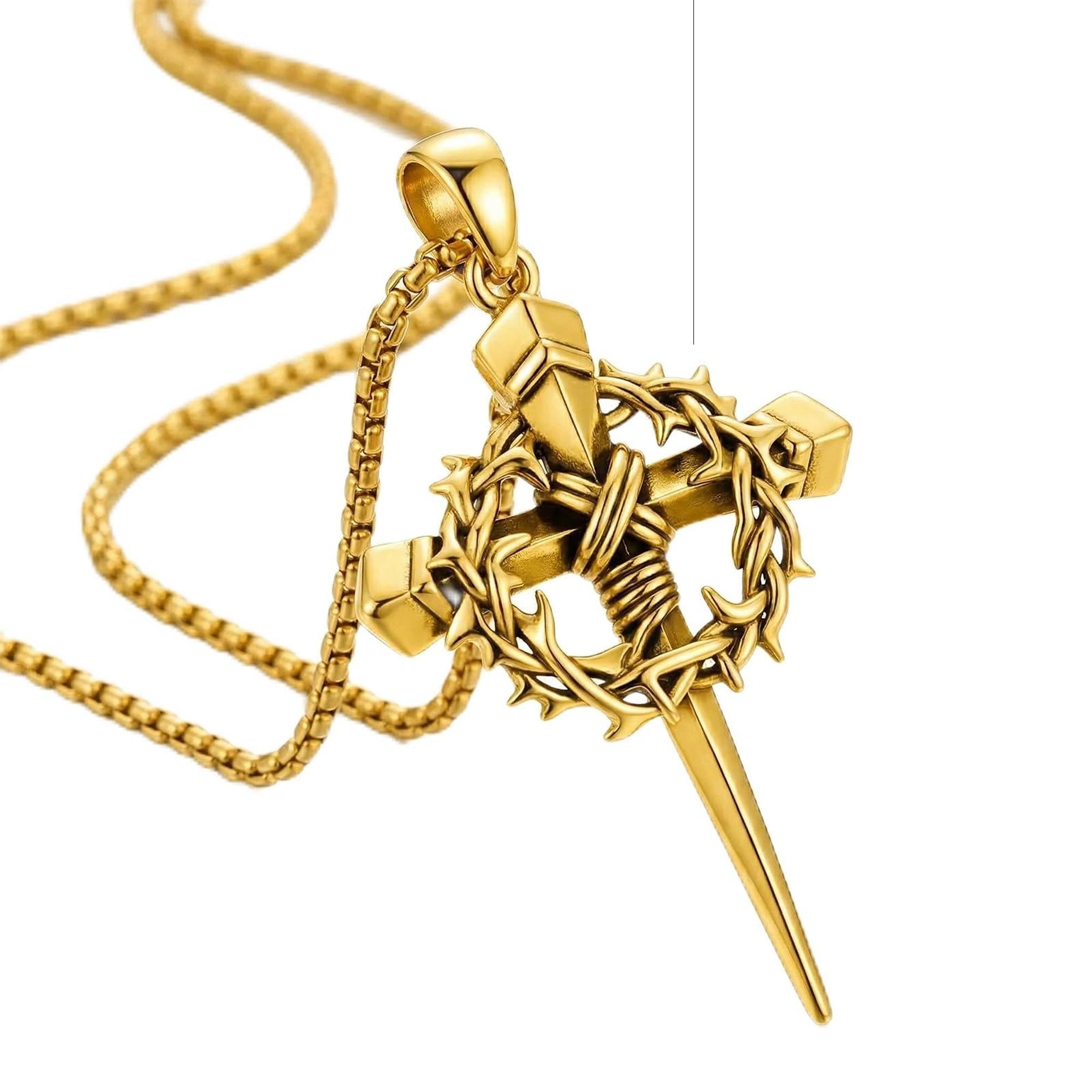 Kootwo Cross Necklace for Men Women, 14K Gold Plated Crown of Thorns Crucifix Pendant, Religious Jewelry Gift
