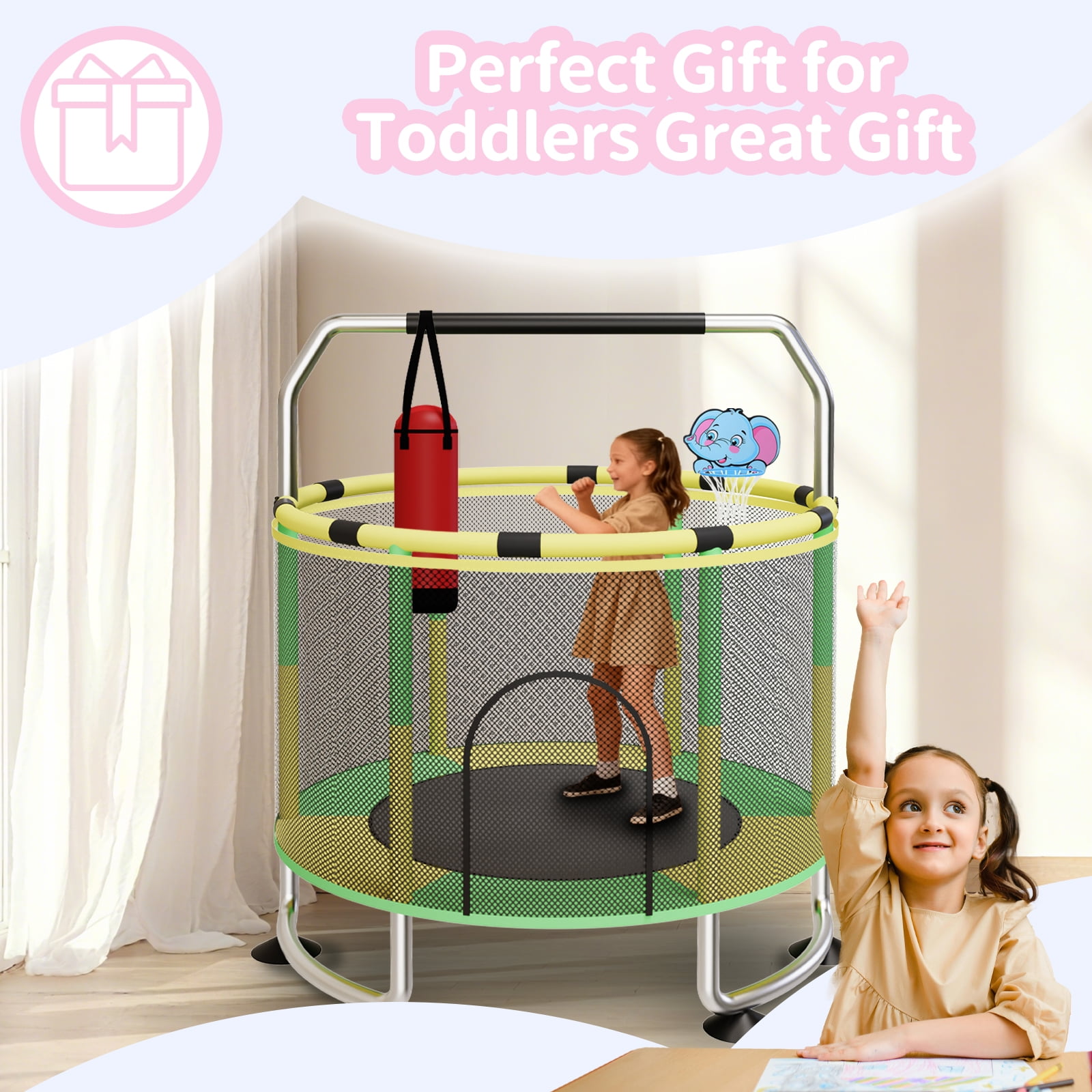 G TALECO GEAR Trampoline for Kids, Toddler Trampoline with Adjustable Gymnastics Bar & Toys, Indoor & Outdoor Round Small Trampoline Gift for Boys & Girls,  400lbs, Yellow & Green