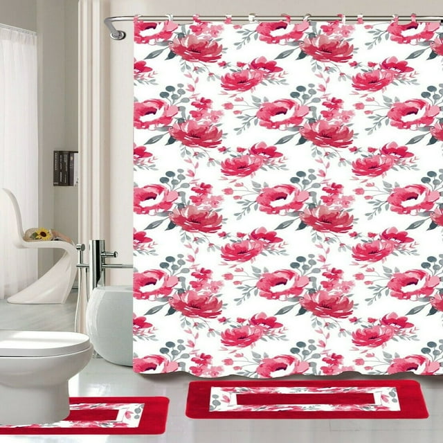 15-Piece Bathroom Set 2-Rugs/Mats Non Slip 1 Fabric Shower Curtain With 12-Fabric Covered Rings Different Styles and Colors For Home Bath Dcor Peony Purple