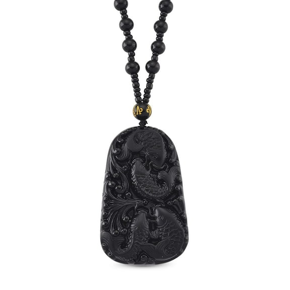 Black Obsidian 340.00 ctw Carved Fish Pendant with Beaded Necklace 26 Inches Christmas Gifts