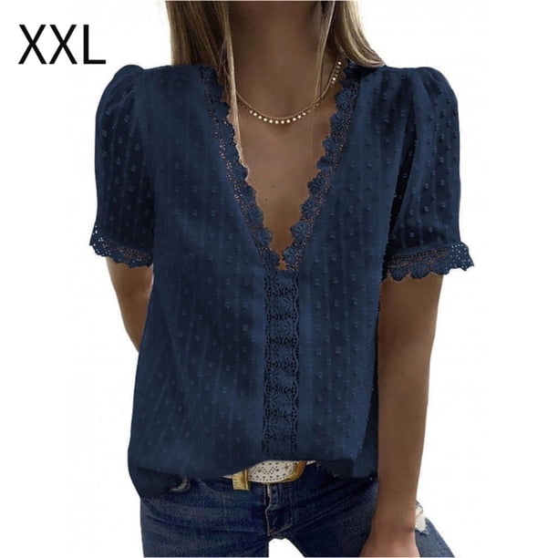 Camiseta de mujer Encaje Cuello en V Camisa de manga corta Blusa Top casual, Azul marino, XXL Vogacara AP001454-20