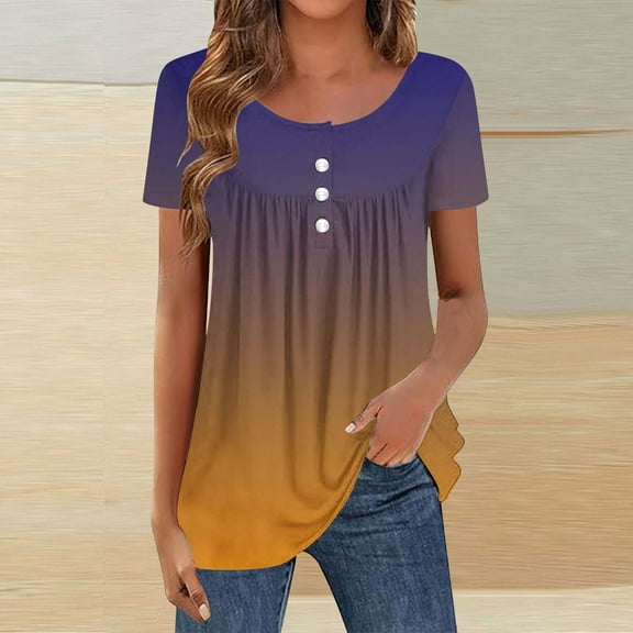 Homenesgenics Womens Tops under $5 Women's Printed Short Sleeved Round Neck Pleated Fashionable Casual Tops Yellow M