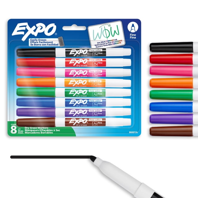 EXPO Dry Erase Markers, Low Odour Ink, Fine Tip, Assorted Colours, 8 Count