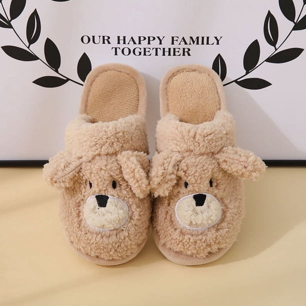 Zapatillas de algodón antideslizantes para interiores de invierno para mujer, pantuflas con forma de oso de peluche y perro, pantuflas suaves y esponjosas para el hogar